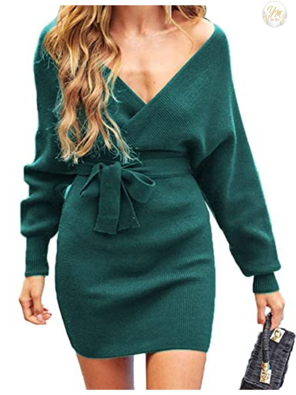 Batwing Sleeve Wrap V Neck Sweater Dress Mini Belted Knit